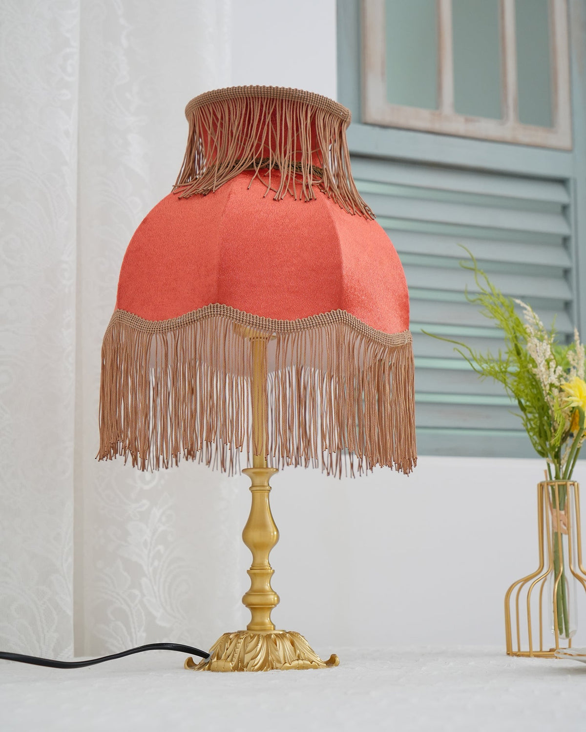 Bedside Lamp with Red Fabric Shade & Brass Base – Warm Ambient Light for Nightstand, Desk & Living Room – E26 Socket – 9.4 in Diameter