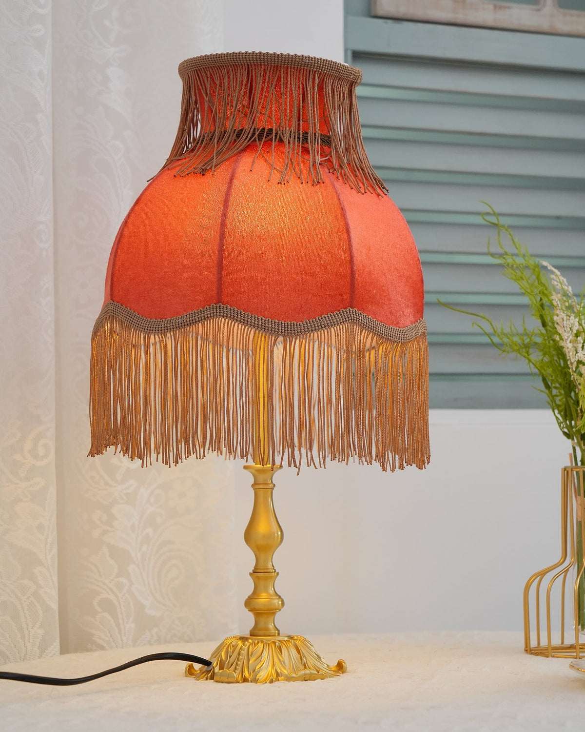 Bedside Lamp with Red Fabric Shade & Brass Base – Warm Ambient Light for Nightstand, Desk & Living Room – E26 Socket – 9.4 in Diameter