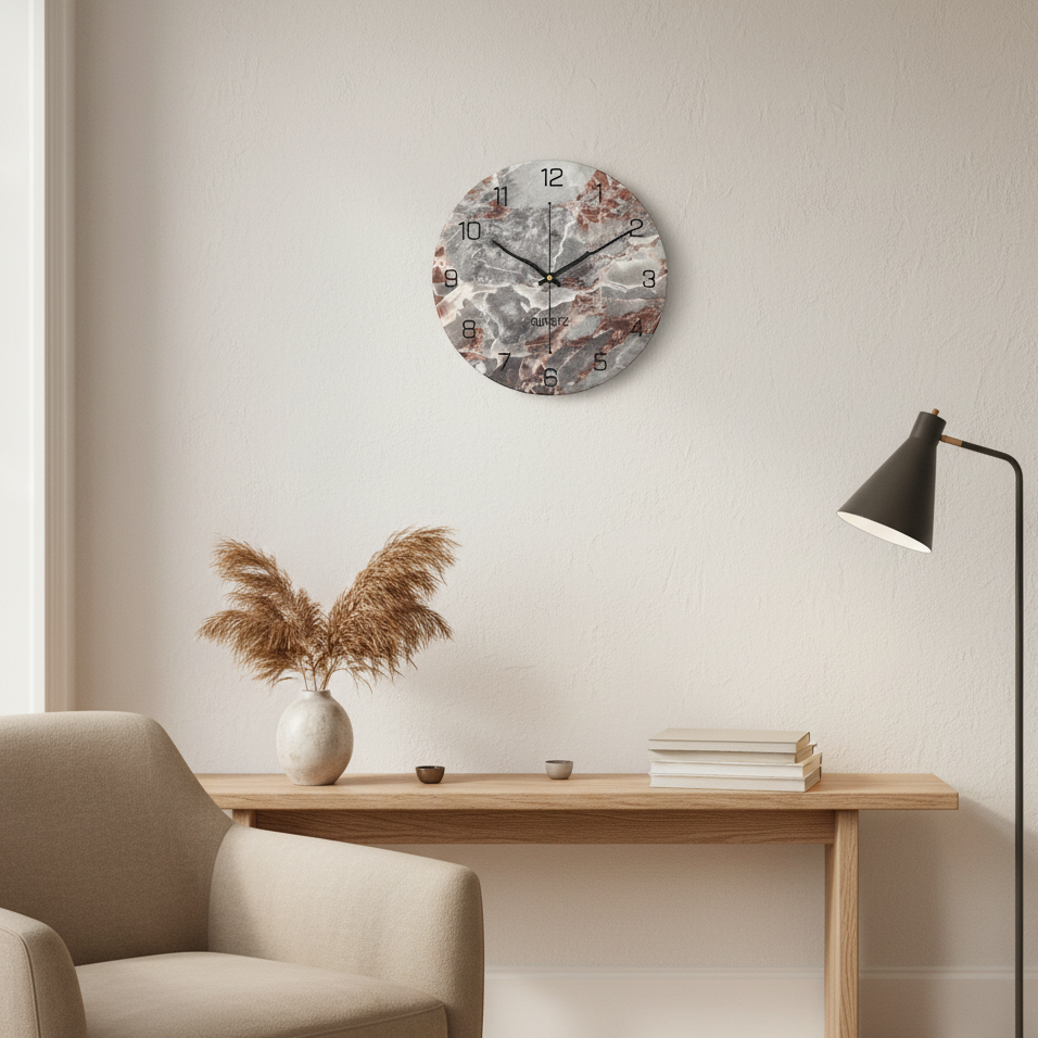 Large Modern Wall Clock with Marble Look and Silent Quartz Movement –11.81 inch Diameter Wall Clock Decor
