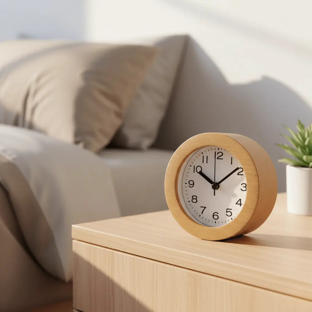 Wooden Alarm Clock with LED Nightlight Silent Non-Ticking Snooze Beechwood Bedside Desk Clock for Bedroom Office Kids