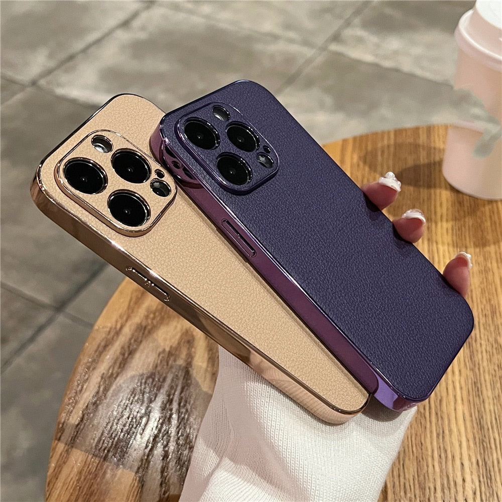 Premium Genuine Leather iPhone Case with Metal Frame Protection for 13-17 Series