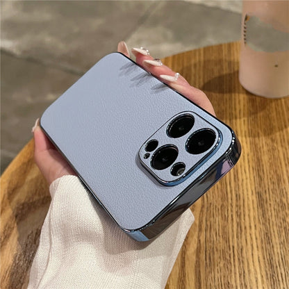 Premium Genuine Leather iPhone Case with Metal Frame Protection for 13-17 Series