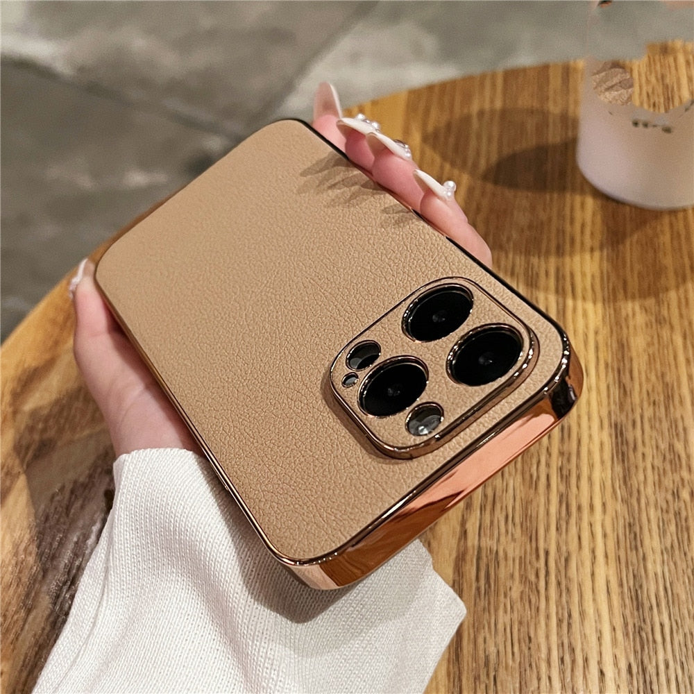 Premium Genuine Leather iPhone Case with Metal Frame Protection for 13-17 Series