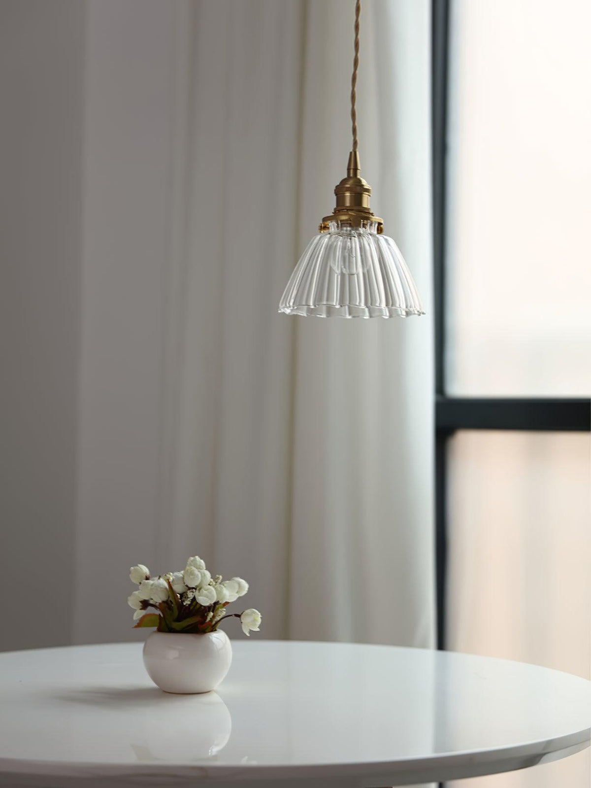 Glass Drop Pendant with Brass Hardware – Hanging Light for Countertops & Tables – Adjustable Suspension – E26 Socket – Transparent Dome Fixt
