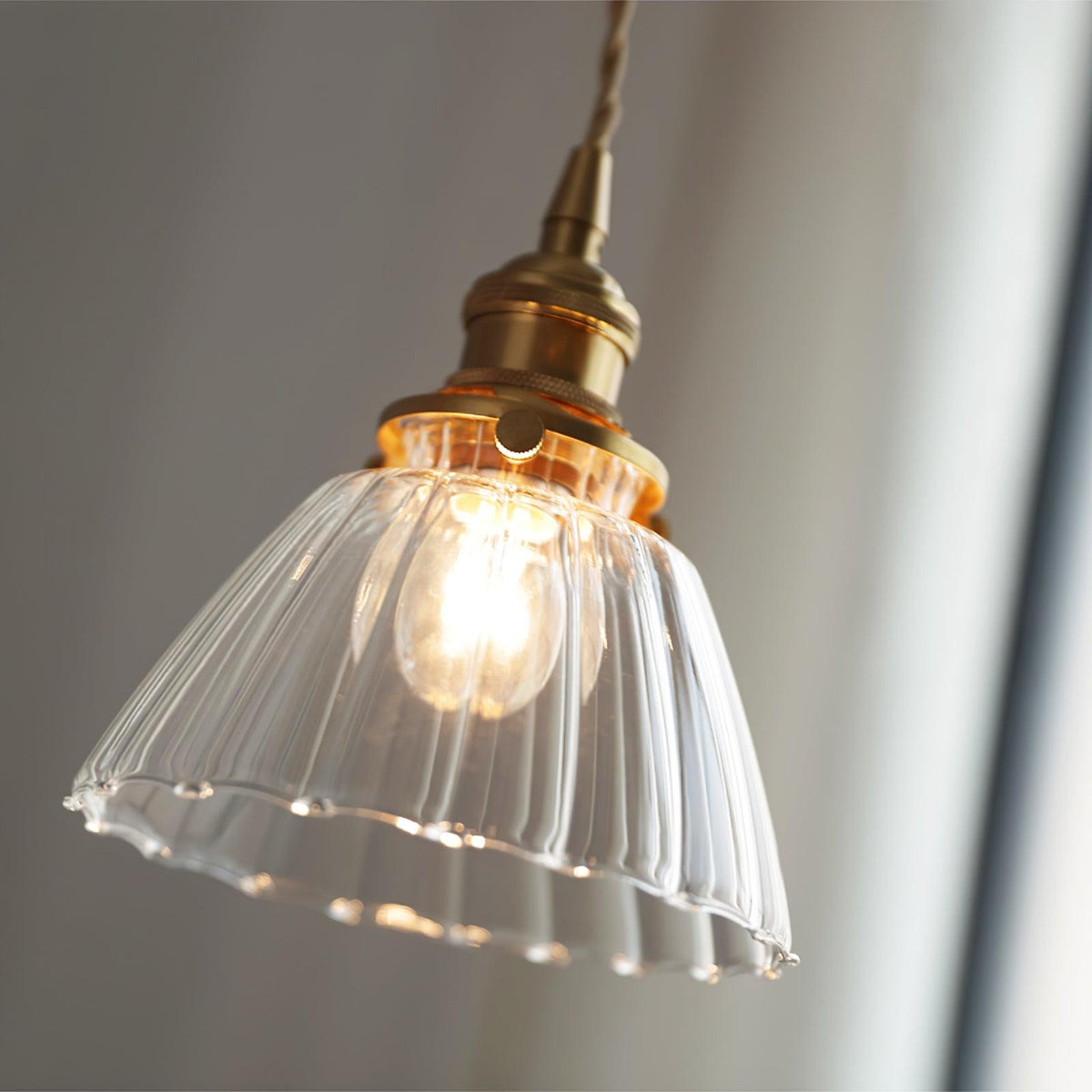 Glass Drop Pendant with Brass Hardware – Hanging Light for Countertops & Tables – Adjustable Suspension – E26 Socket – Transparent Dome Fixt