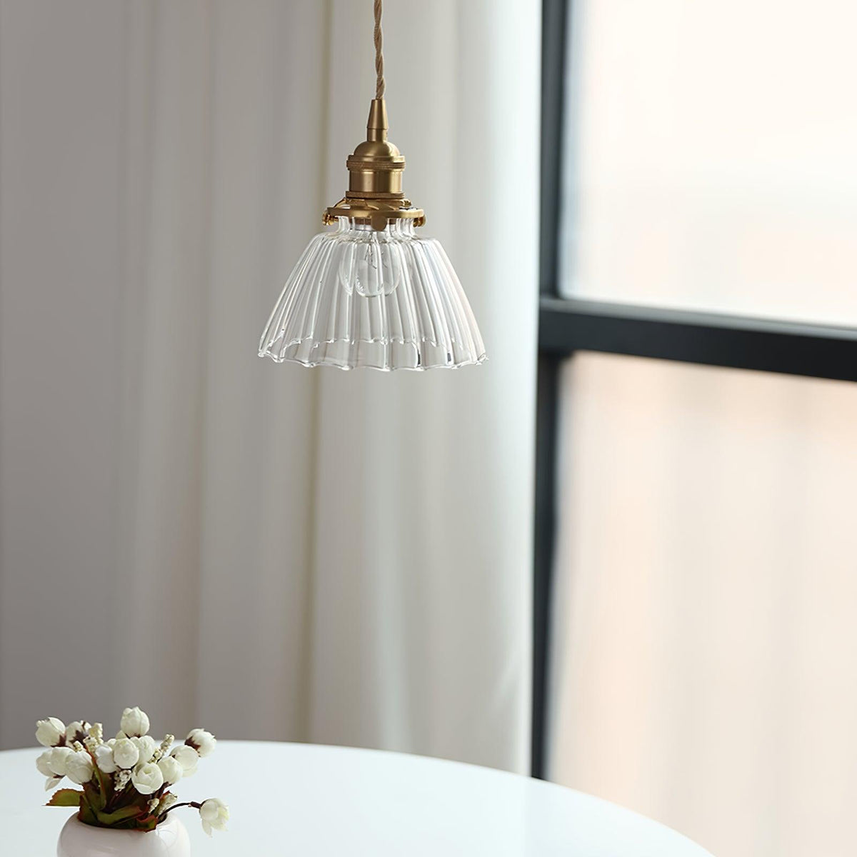 Glass Drop Pendant with Brass Hardware – Hanging Light for Countertops & Tables – Adjustable Suspension – E26 Socket – Transparent Dome Fixt