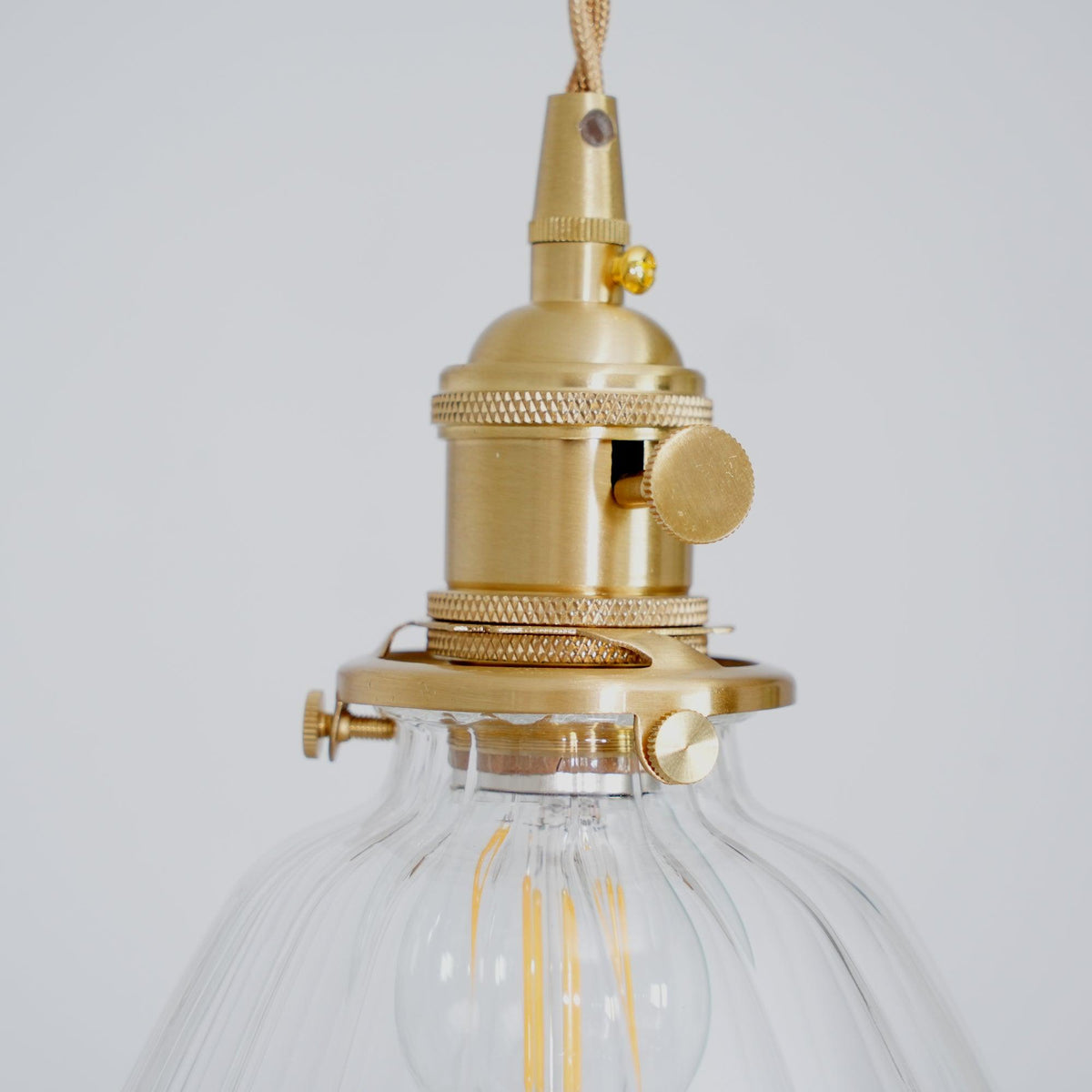 Glass Drop Pendant with Brass Hardware – Hanging Light for Countertops & Tables – Adjustable Suspension – E26 Socket – Transparent Dome Fixt