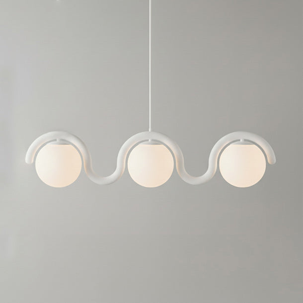 Modern Linear Chandelier with Curved Metal Frame & Glass Sphere – Art Nouveau Pendant Light for Dining Room