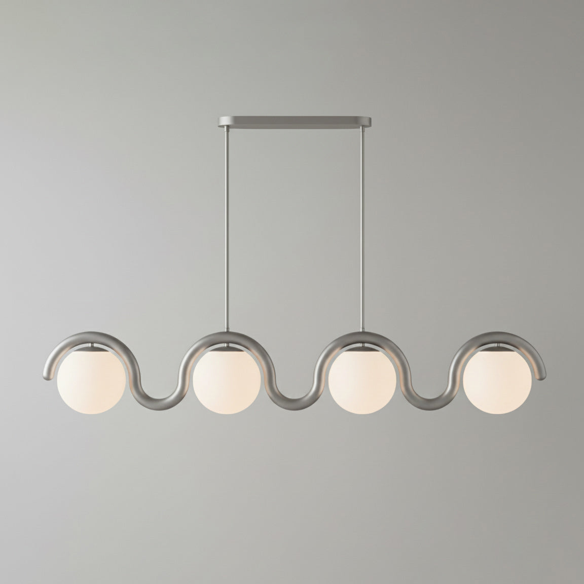 Modern Linear Chandelier with Curved Metal Frame & Glass Sphere – Art Nouveau Pendant Light for Dining Room