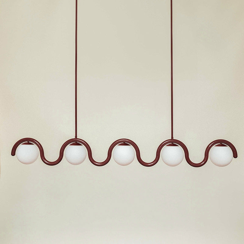 Modern Linear Chandelier with Curved Metal Frame & Glass Sphere – Art Nouveau Pendant Light for Dining Room