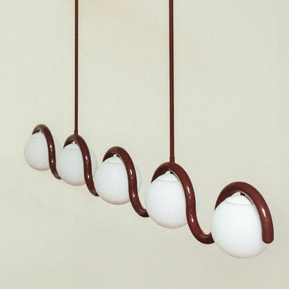 Modern Linear Chandelier with Curved Metal Frame & Glass Sphere – Art Nouveau Pendant Light for Dining Room