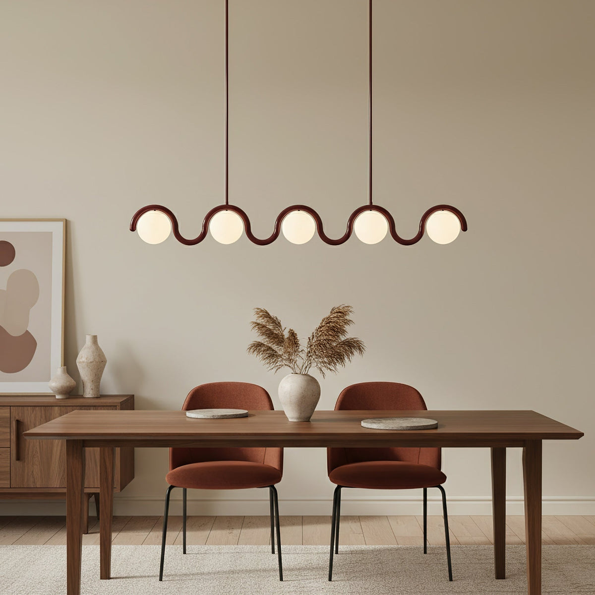 Modern Linear Chandelier with Curved Metal Frame & Glass Sphere – Art Nouveau Pendant Light for Dining Room