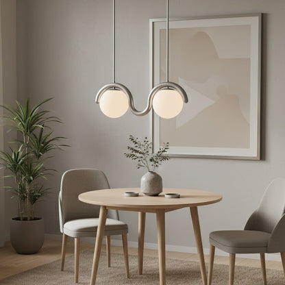 Modern Linear Chandelier with Curved Metal Frame & Glass Sphere – Art Nouveau Pendant Light for Dining Room