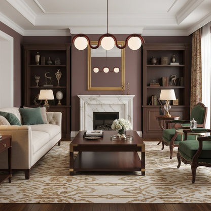Modern Linear Chandelier with Curved Metal Frame & Glass Sphere – Art Nouveau Pendant Light for Dining Room