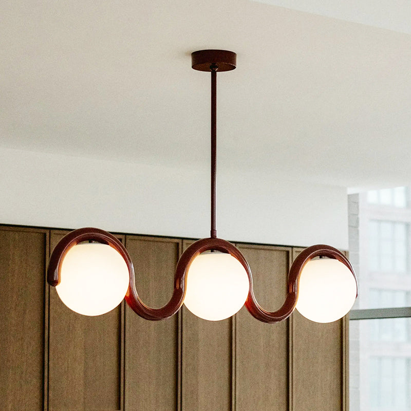 Modern Linear Chandelier with Curved Metal Frame & Glass Sphere – Art Nouveau Pendant Light for Dining Room