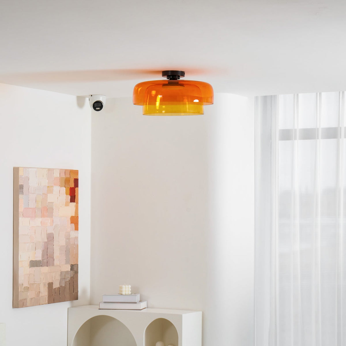 Tiered LED Flush Mount Light 16.5 in Glass Metal Indoor Fixture for Bedroom Living Room Low Ceilings Adjustable Color Temperature 3000K 4000
