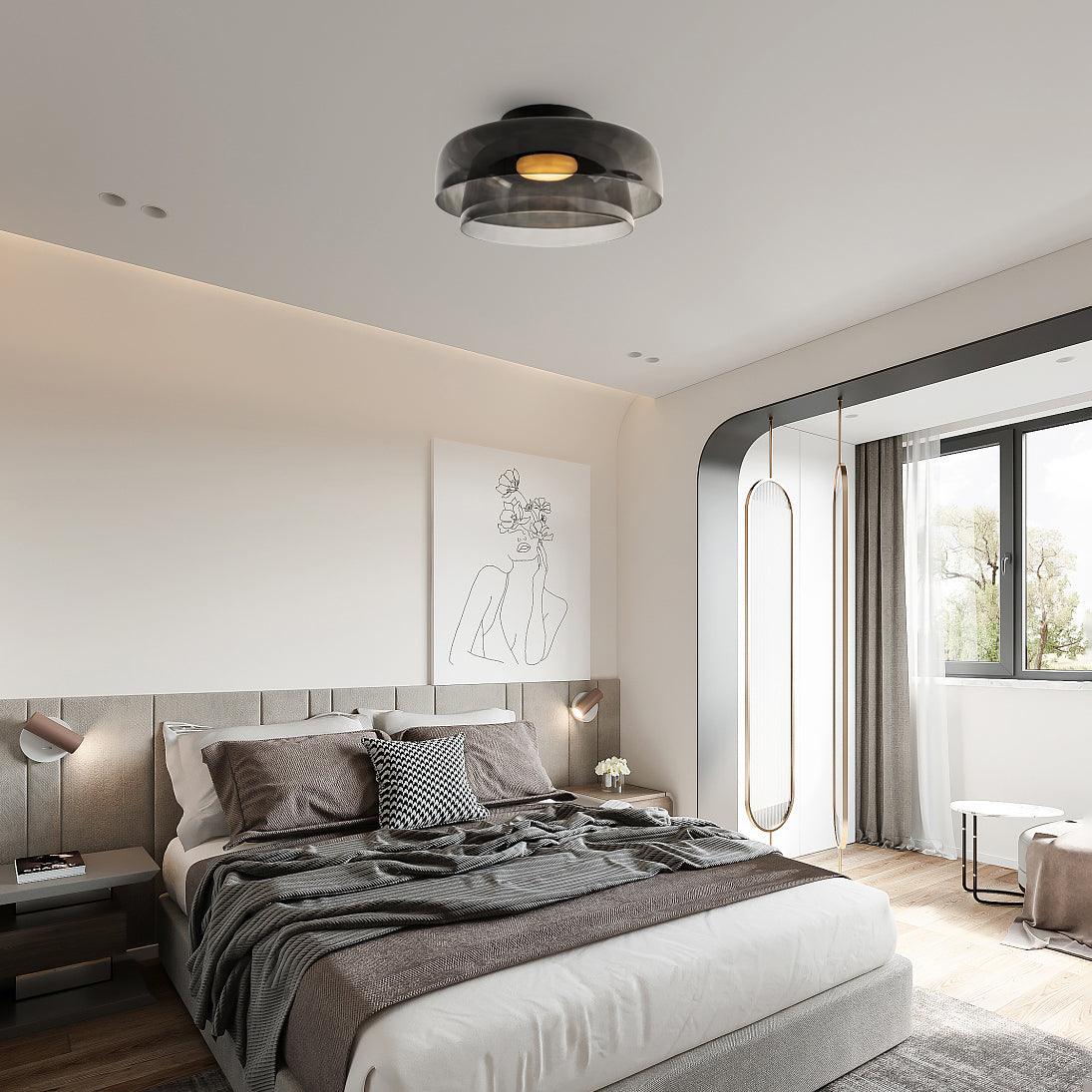 Tiered LED Flush Mount Light 16.5 in Glass Metal Indoor Fixture for Bedroom Living Room Low Ceilings Adjustable Color Temperature 3000K 4000
