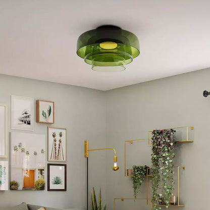 Tiered LED Flush Mount Light 16.5 in Glass Metal Indoor Fixture for Bedroom Living Room Low Ceilings Adjustable Color Temperature 3000K 4000