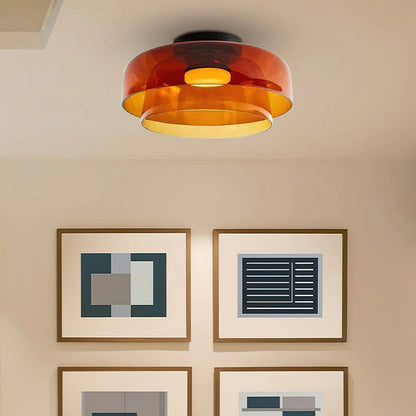 Tiered LED Flush Mount Light 16.5 in Glass Metal Indoor Fixture for Bedroom Living Room Low Ceilings Adjustable Color Temperature 3000K 4000