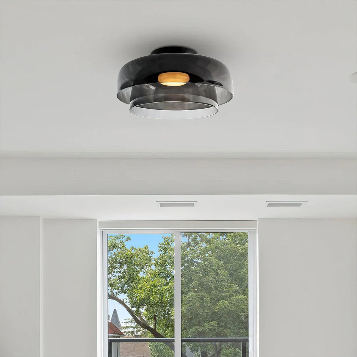 Tiered LED Flush Mount Light 16.5 in Glass Metal Indoor Fixture for Bedroom Living Room Low Ceilings Adjustable Color Temperature 3000K 4000