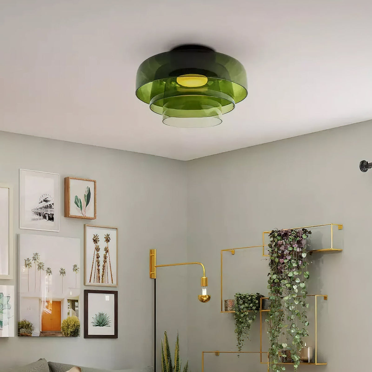 Multi-Tier Glass LED Overhead Light 13–16 Inch Green for Bedroom Living Room Hallway Contemporary Flush Mount Fixture 10W Dimmable