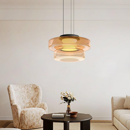 Tiered Glass Pendant Ceiling Fixture LED Multi-Level Hanging Light for Kitchen Island Dining Room Modern Layered Chandelier Adjustable Heigh
