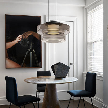 Tiered Glass Pendant Ceiling Fixture LED Multi-Level Hanging Light for Kitchen Island Dining Room Modern Layered Chandelier Adjustable Heigh