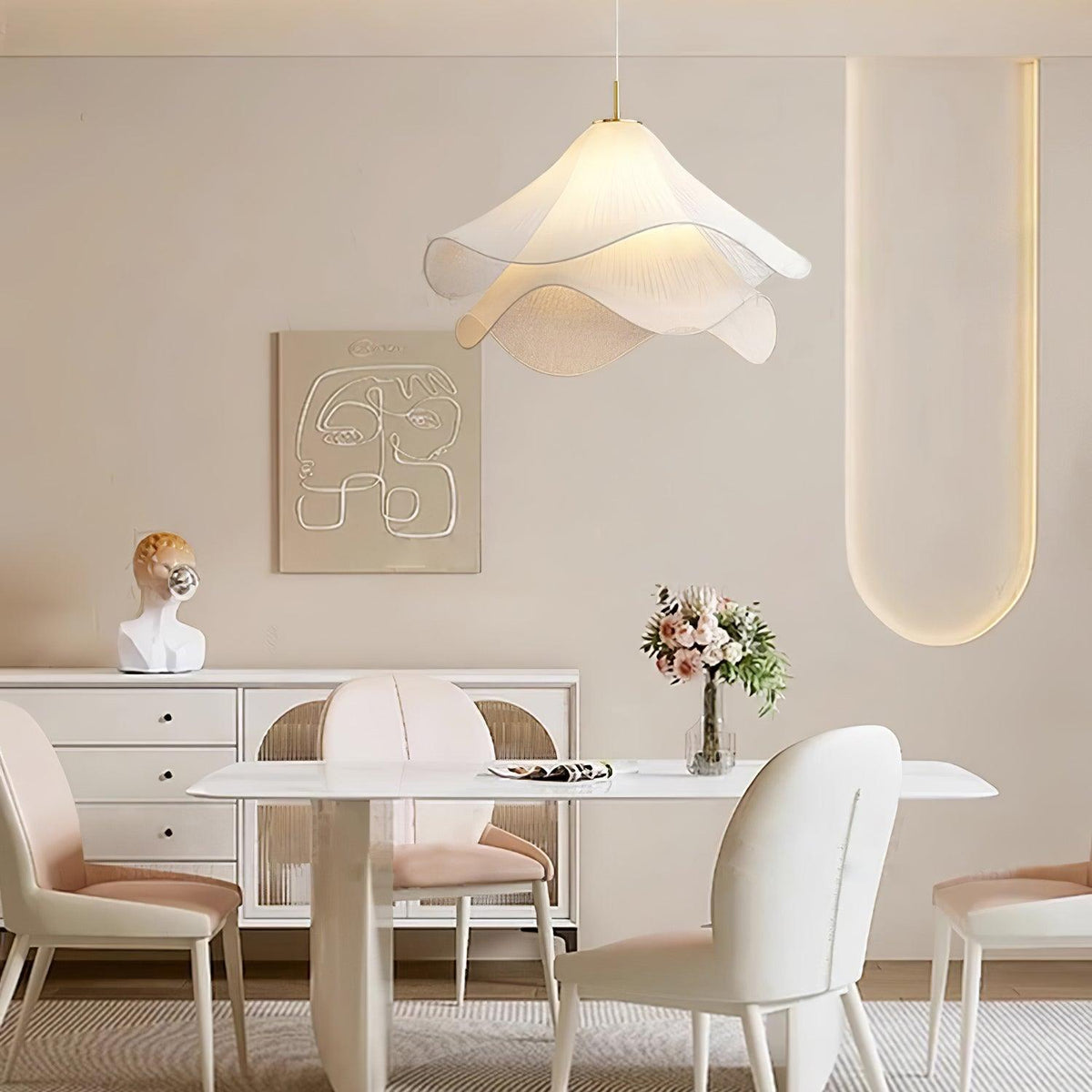 Layered Flower Petal Hanging Light Fixture White and Gold 24-Inch Diameter Adjustable Drop for Dining Room Kitchen Bedroom Above Table or Is