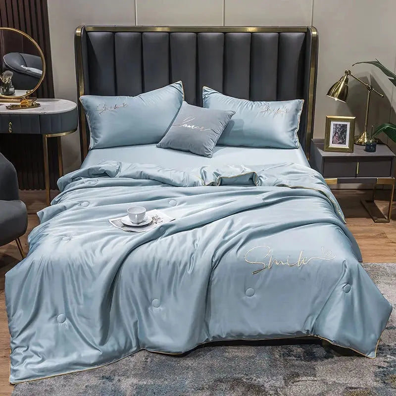 Lightweight Summer Quilt Set | 100% Washed Silk with Elegant Embroidered Design | Comfortable Cooling for Warm Nights