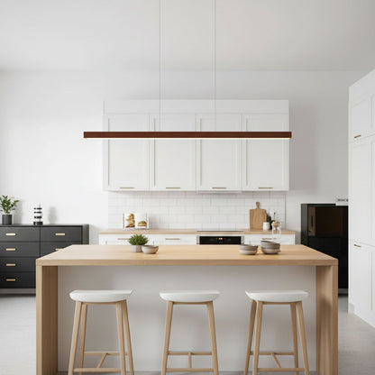 Linear Wooden Overhead Fixture Built-In LED Dining Room Kitchen Island Suspended Beam Natural Finish Adjustable Cables Contemporary Home Lig
