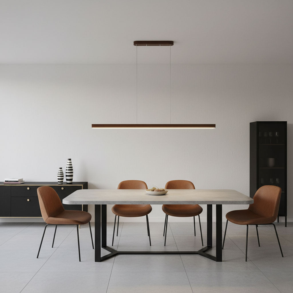 Linear Wooden Overhead Fixture Built-In LED Dining Room Kitchen Island Suspended Beam Natural Finish Adjustable Cables Contemporary Home Lig