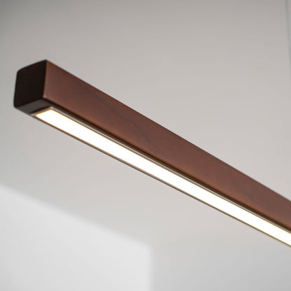 Linear Wooden Overhead Fixture Built-In LED Dining Room Kitchen Island Suspended Beam Natural Finish Adjustable Cables Contemporary Home Lig