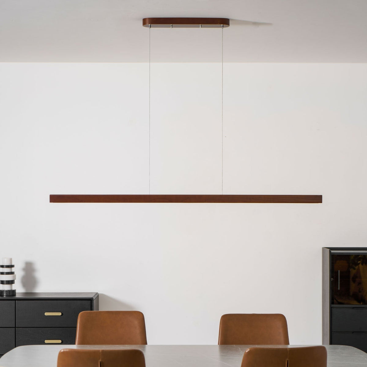 Linear Wooden Overhead Fixture Built-In LED Dining Room Kitchen Island Suspended Beam Natural Finish Adjustable Cables Contemporary Home Lig