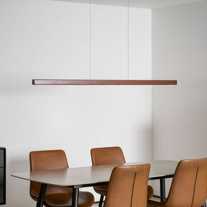 Linear Wooden Overhead Fixture Built-In LED Dining Room Kitchen Island Suspended Beam Natural Finish Adjustable Cables Contemporary Home Lig