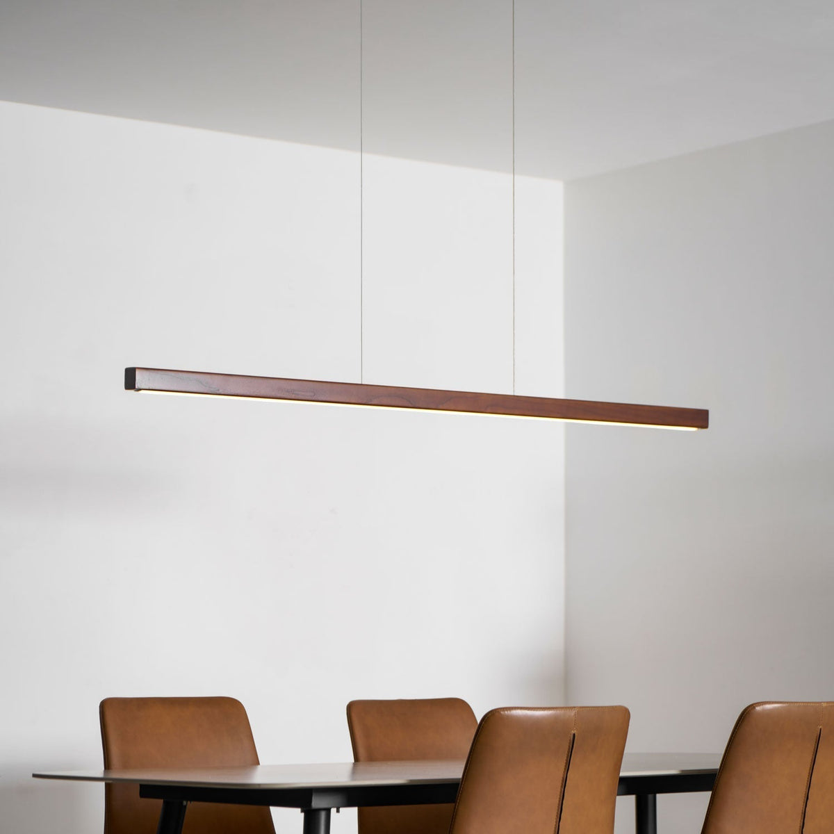 Linear Wooden Overhead Fixture Built-In LED Dining Room Kitchen Island Suspended Beam Natural Finish Adjustable Cables Contemporary Home Lig