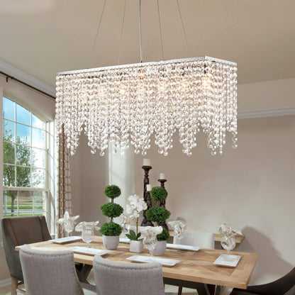 Rectangular Crystal Chandelier Ceiling Light Fixture Stainless Steel Frame E12 Candelabra Base for Dining Room Kitchen Island Modern