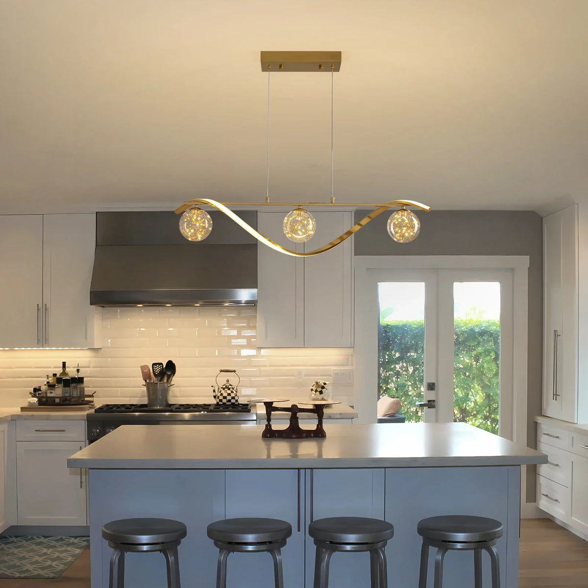 Linear LED Ceiling Fixture with Glass Globes for Dining Table & Island – 39 inch Gold or Chrome Hanging Lamp with Adjustable Height – Modern