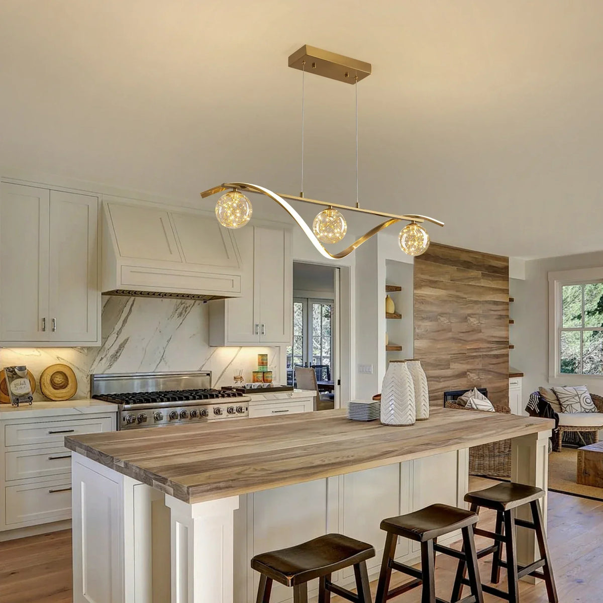 Linear LED Ceiling Fixture with Glass Globes for Dining Table & Island – 39 inch Gold or Chrome Hanging Lamp with Adjustable Height – Modern