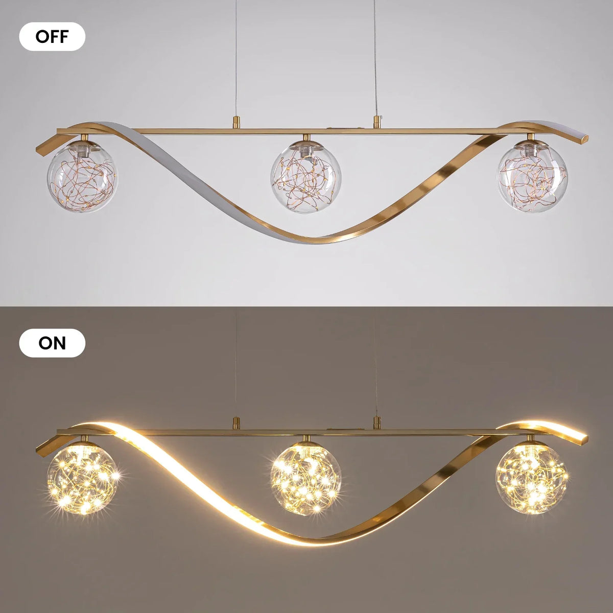 Linear LED Ceiling Fixture with Glass Globes for Dining Table & Island – 39 inch Gold or Chrome Hanging Lamp with Adjustable Height – Modern