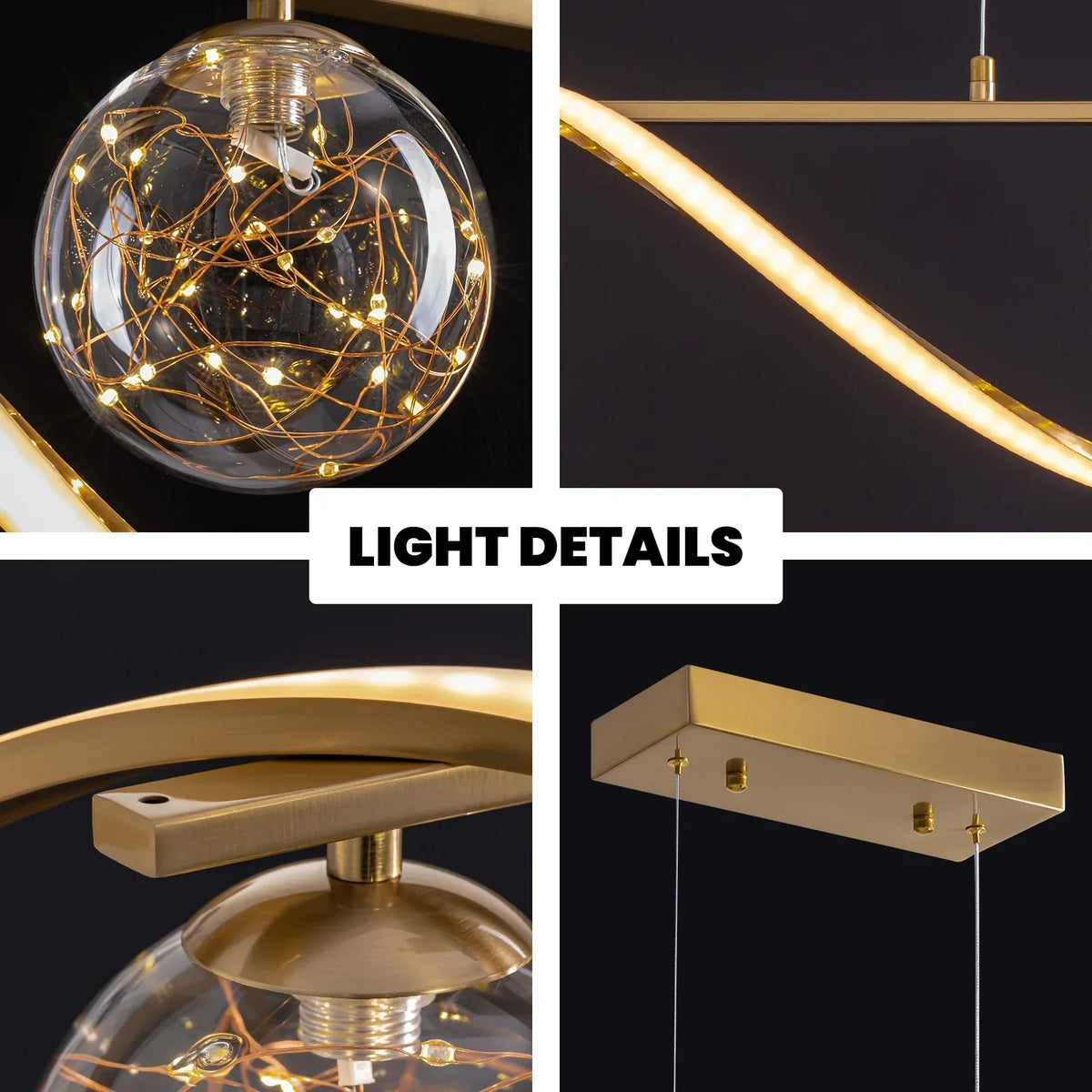 Linear LED Ceiling Fixture with Glass Globes for Dining Table & Island – 39 inch Gold or Chrome Hanging Lamp with Adjustable Height – Modern