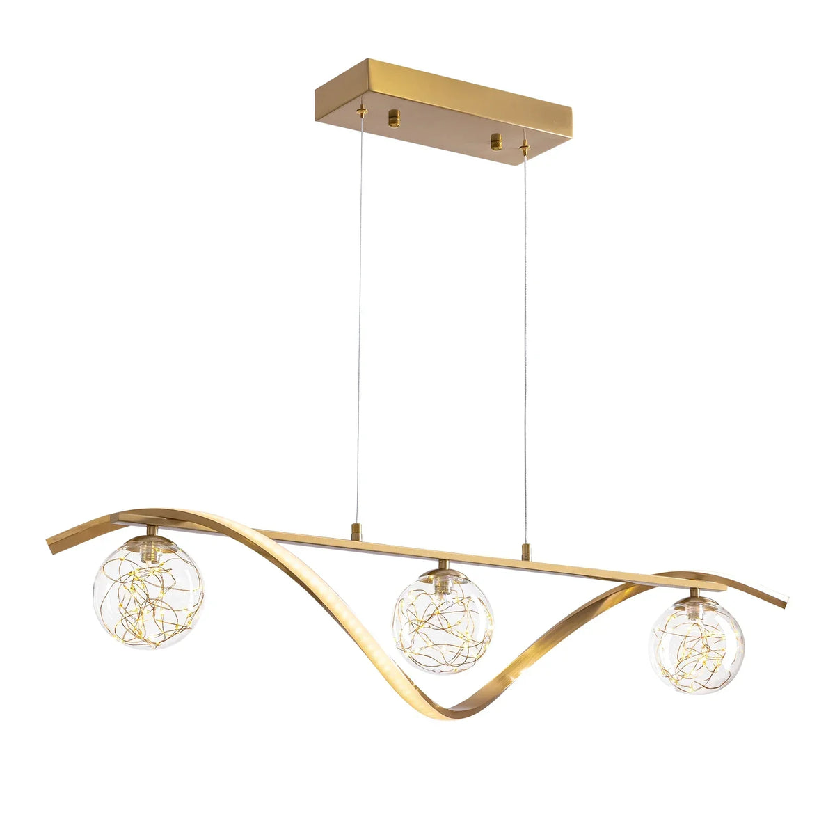 Linear LED Ceiling Fixture with Glass Globes for Dining Table & Island – 39 inch Gold or Chrome Hanging Lamp with Adjustable Height – Modern