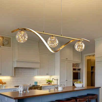 Linear LED Ceiling Fixture with Glass Globes for Dining Table & Island – 39 inch Gold or Chrome Hanging Lamp with Adjustable Height – Modern