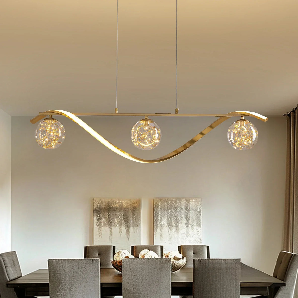 Linear LED Ceiling Fixture with Glass Globes for Dining Table & Island – 39 inch Gold or Chrome Hanging Lamp with Adjustable Height – Modern