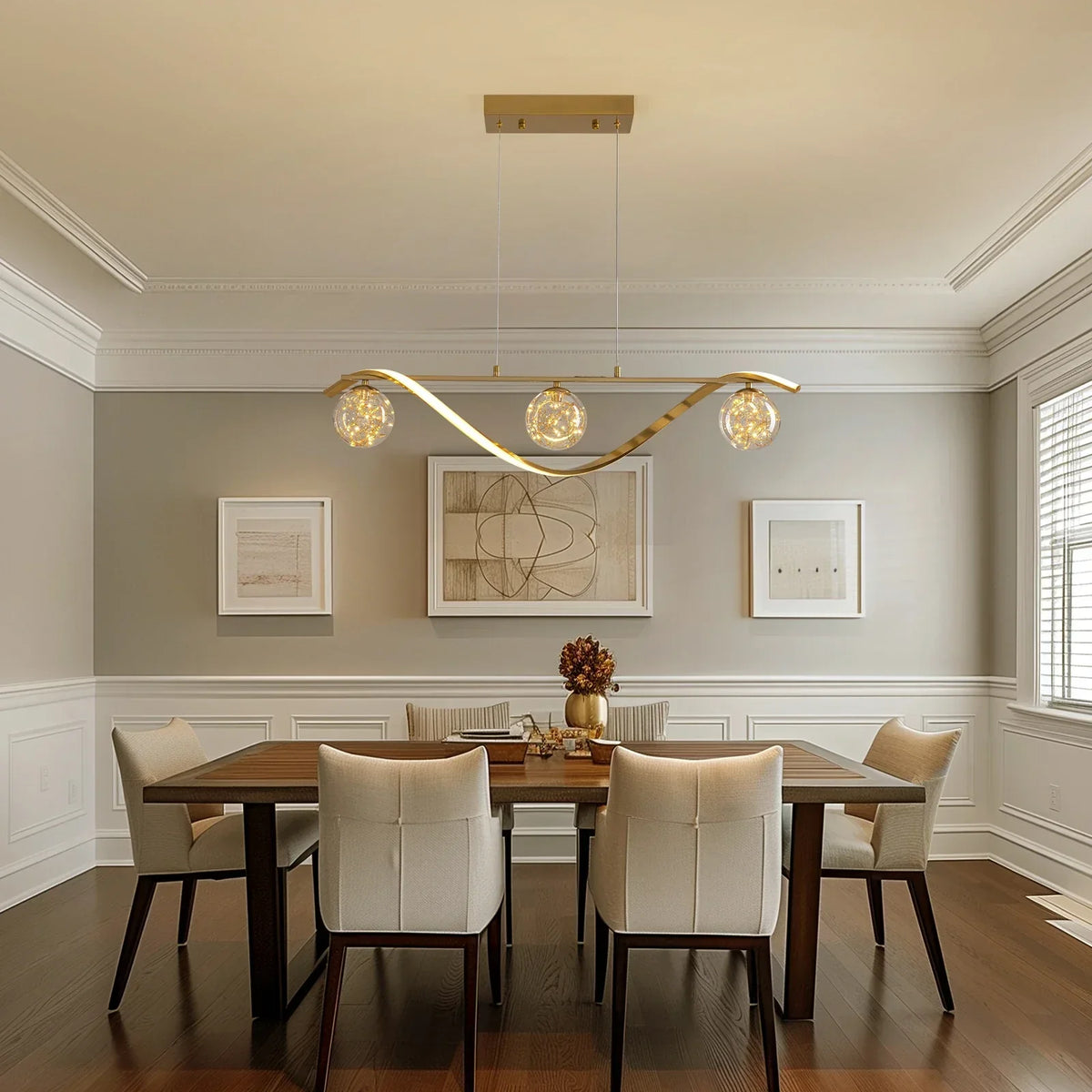 Linear LED Ceiling Fixture with Glass Globes for Dining Table & Island – 39 inch Gold or Chrome Hanging Lamp with Adjustable Height – Modern
