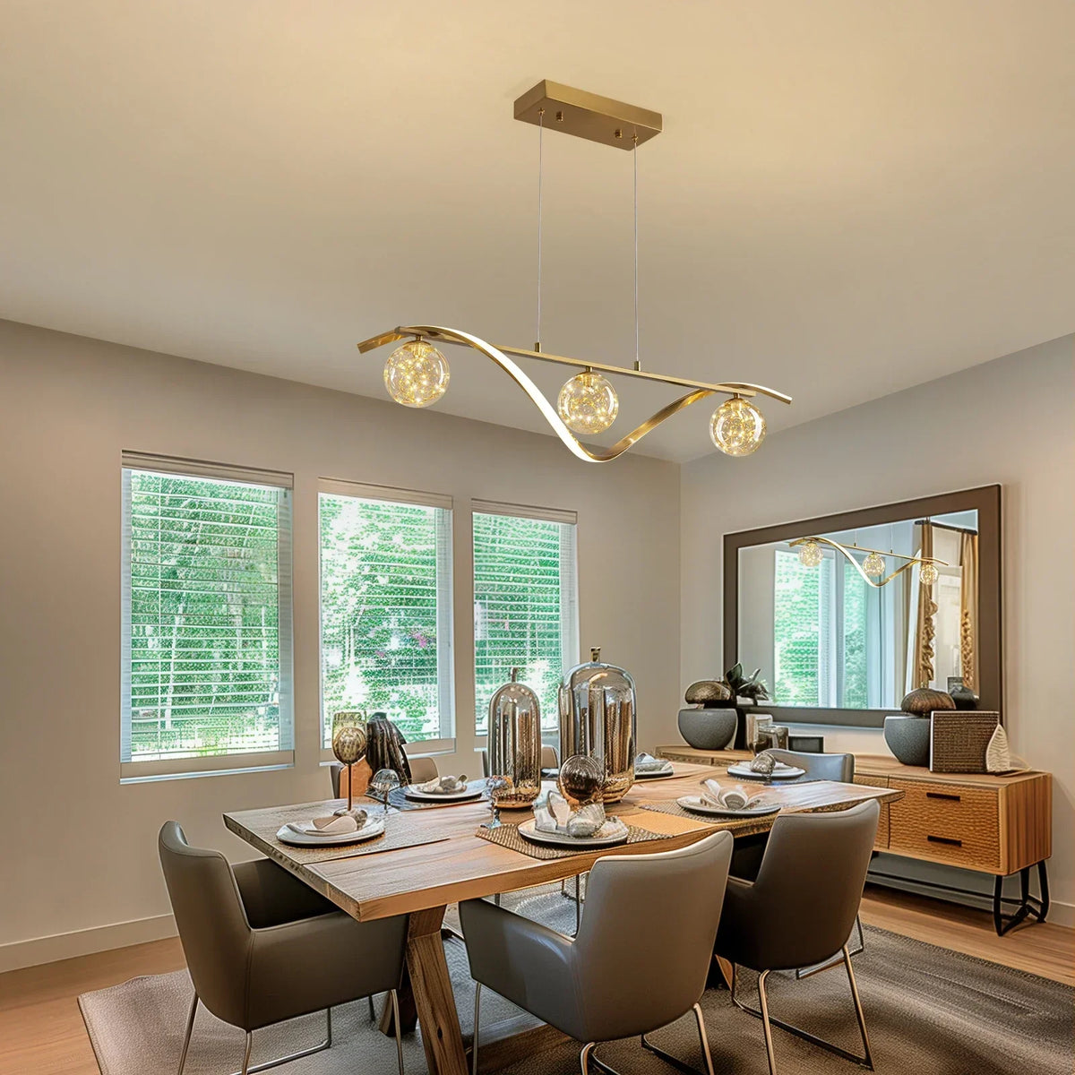 Linear LED Ceiling Fixture with Glass Globes for Dining Table & Island – 39 inch Gold or Chrome Hanging Lamp with Adjustable Height – Modern