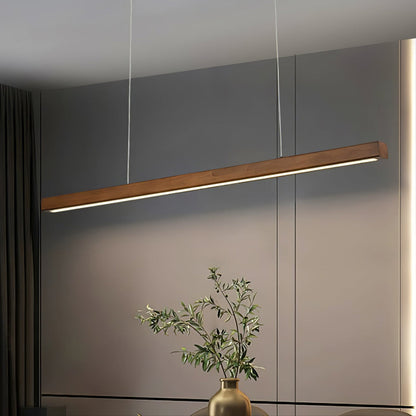 Linear Wooden Overhead Fixture Built-In LED Dining Room Kitchen Island Suspended Beam Natural Finish Adjustable Cables Contemporary Home Lig