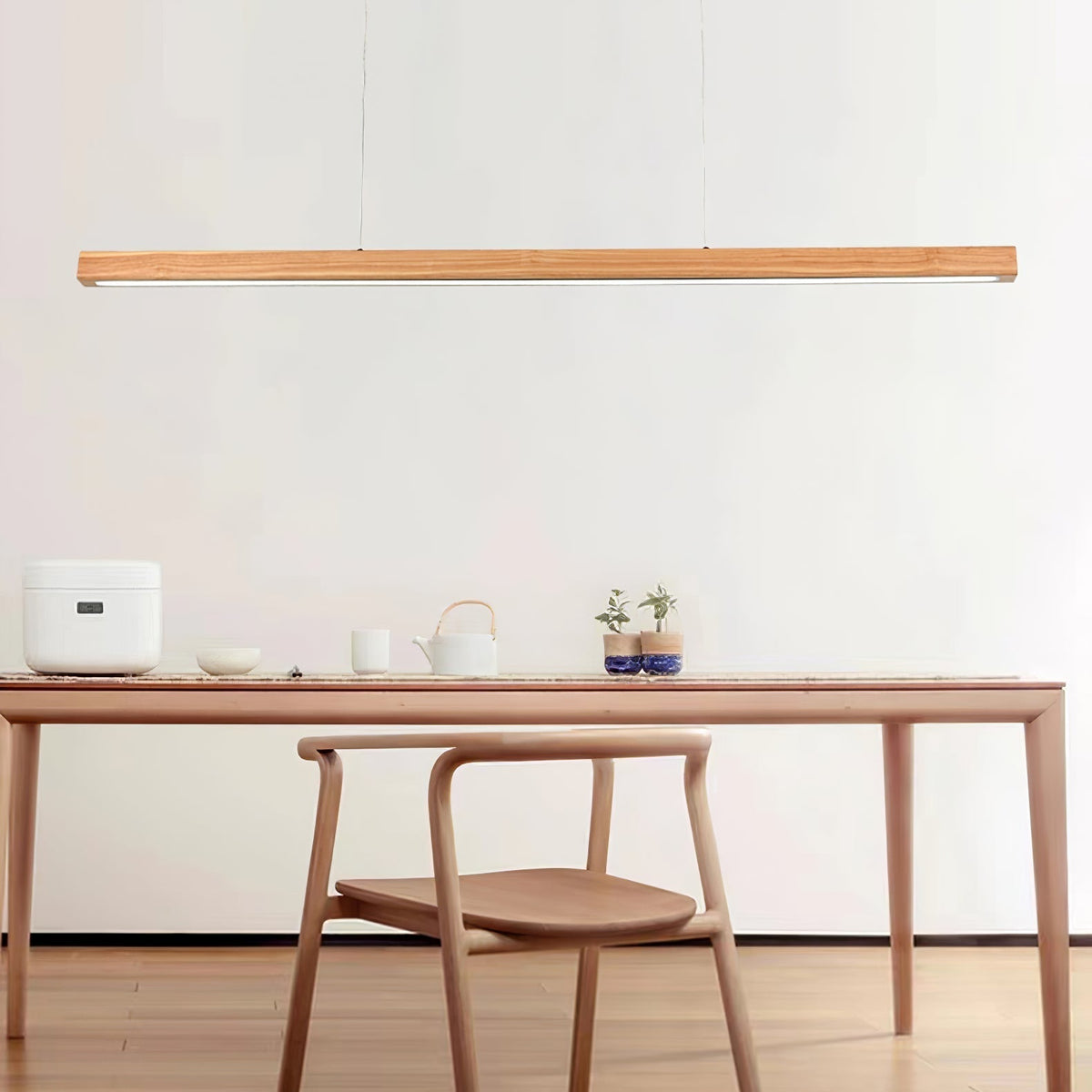 Linear Wooden Overhead Fixture Built-In LED Dining Room Kitchen Island Suspended Beam Natural Finish Adjustable Cables Contemporary Home Lig