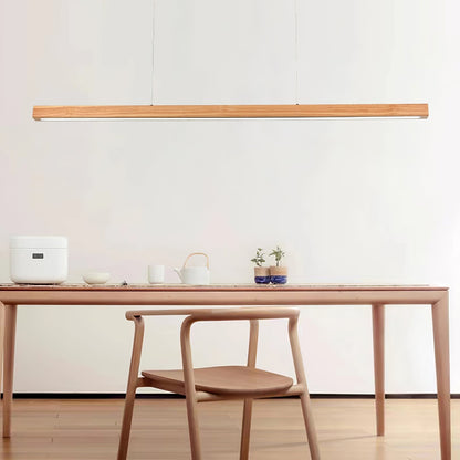 Linear Wooden Overhead Fixture Built-In LED Dining Room Kitchen Island Suspended Beam Natural Finish Adjustable Cables Contemporary Home Lig