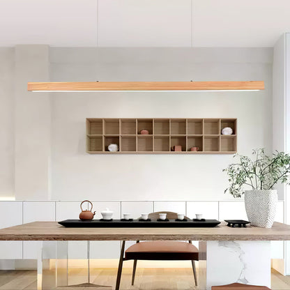 Linear Wooden Overhead Fixture Built-In LED Dining Room Kitchen Island Suspended Beam Natural Finish Adjustable Cables Contemporary Home Lig