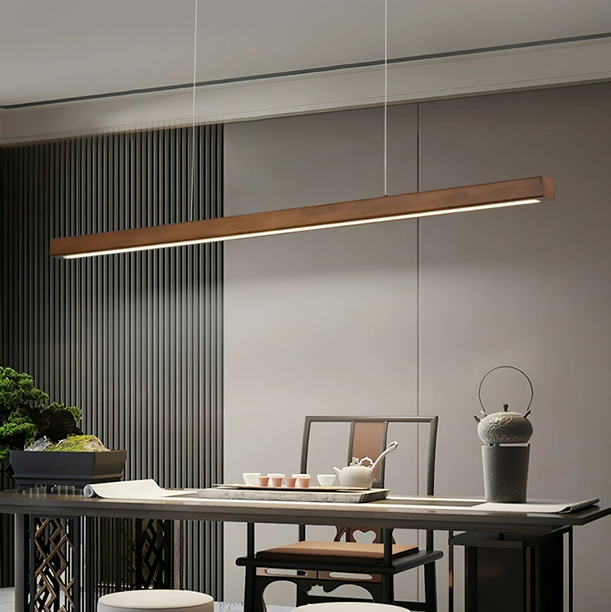 Linear Wooden Overhead Fixture Built-In LED Dining Room Kitchen Island Suspended Beam Natural Finish Adjustable Cables Contemporary Home Lig